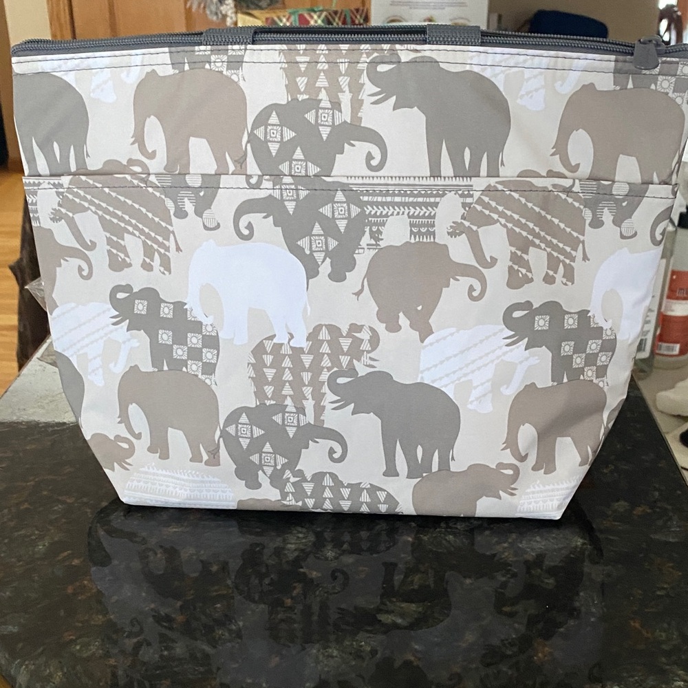 Thirty-One Elephant Pattern Tote - Brown and Cream